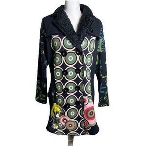 Adore Womens Size XL Blue Embroidered Boho Artsy Geometric Peacoat Jacket